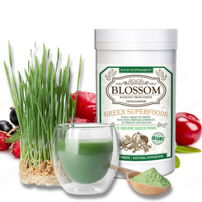 Blossom Green Superfoods für eine gesunde Verdauung, Grünes Pulver mit Samen, Kräutern, Enzymen und Sprossen gegen Blähungen und zur Unterstützung des Darms, Grüne Saftmischung | 60 Portionen (300 g)