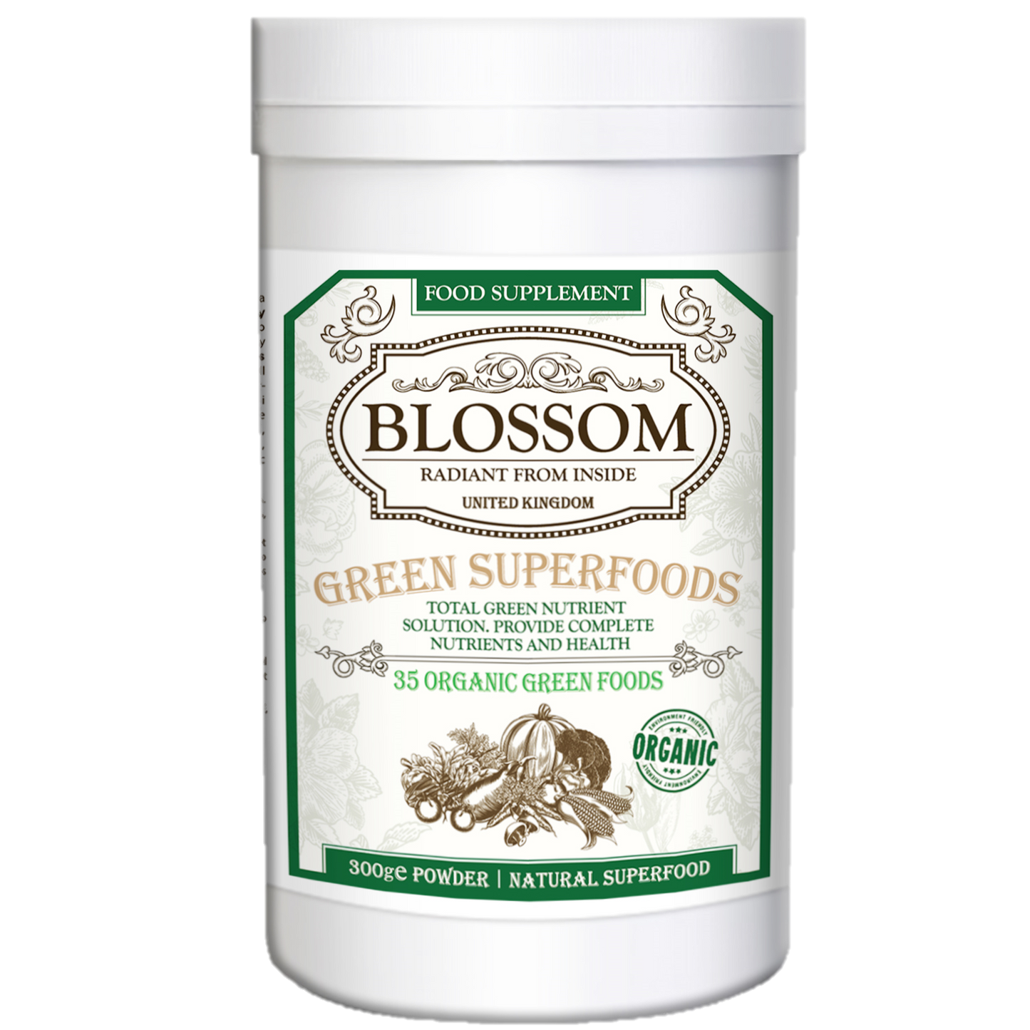 Blossom Green Superfoods for Digestive Health, Greens Powder with seeds, herbs, enzymes and sprouts for Bloating and Gut Support, Green Juice Mix | 60 Servings (300g)